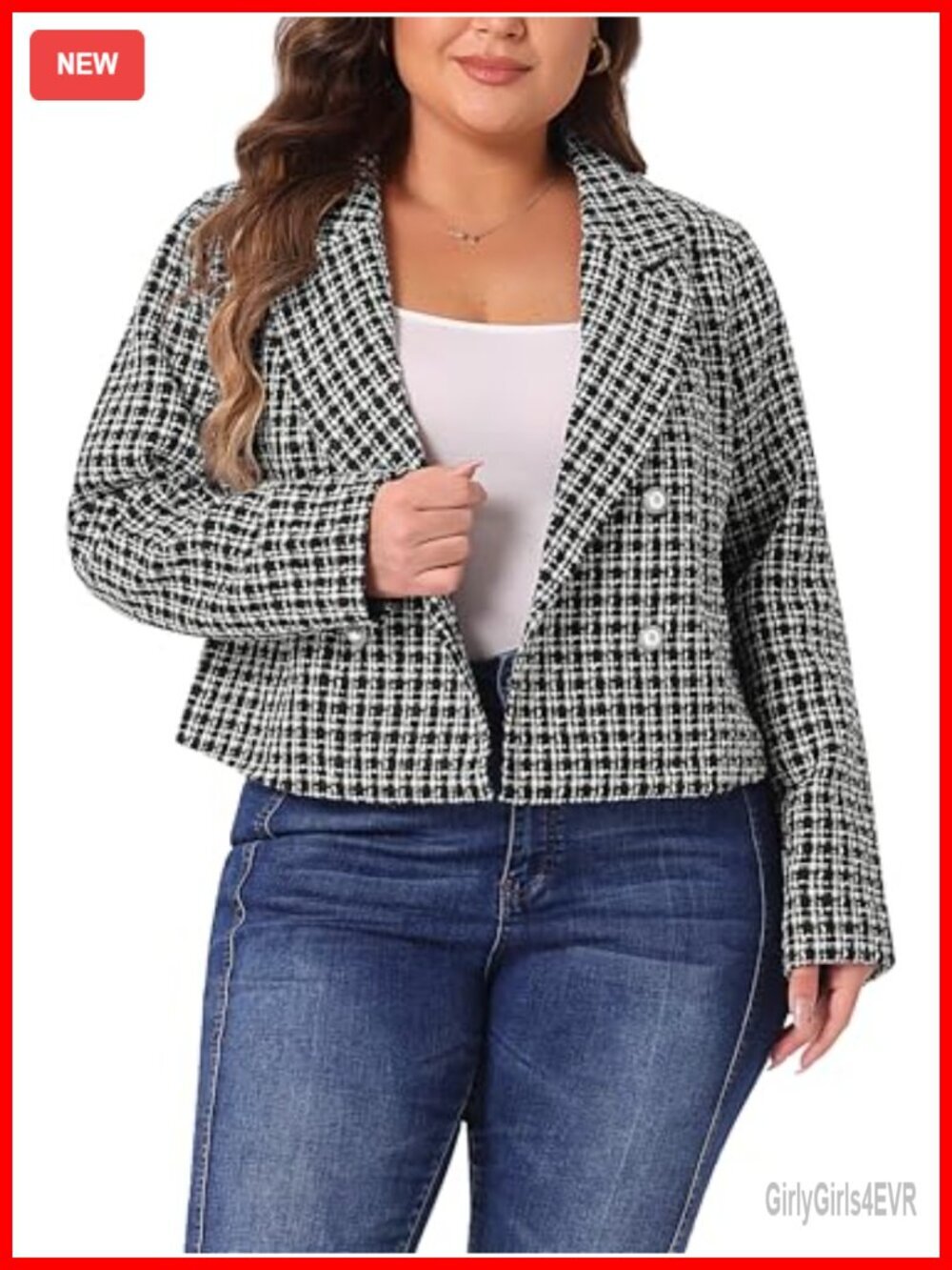 Plus Size Tweed Blazer Notched Lapel Double Breasted Full Lined Crop Jacket